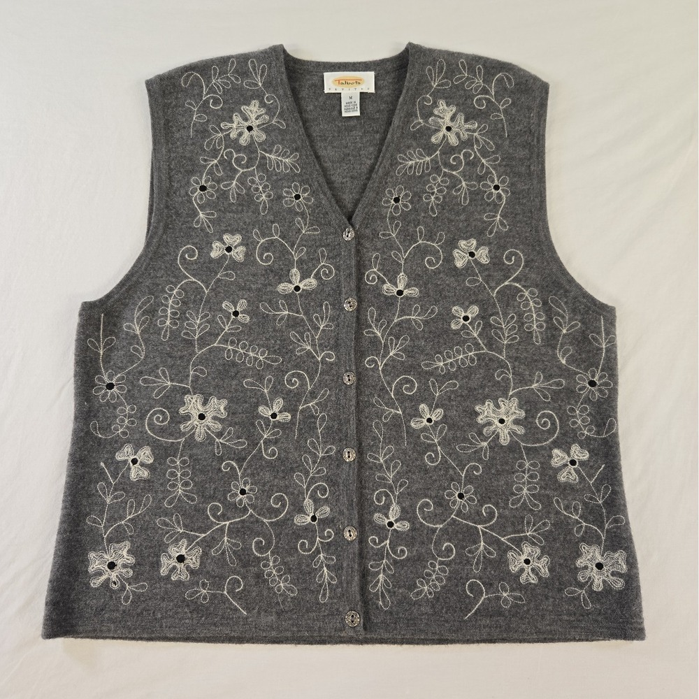 Talbots Petites Gray Wool Vest Size Medium Floral Embroidered